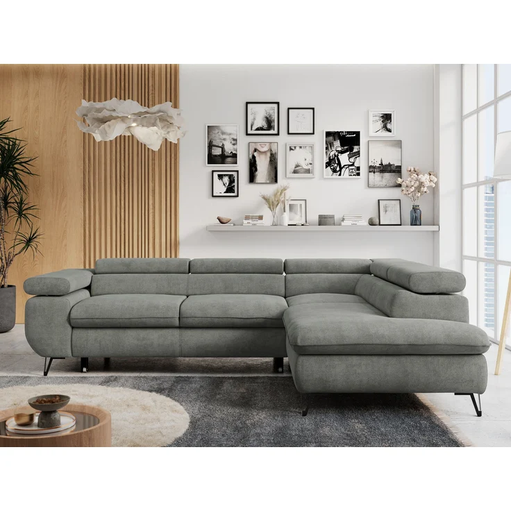Mks Möbel 'Peter L-form' Ecksofa mit Bettfunktion, Bettkasten & einstellbaren Kopfstützen, Grau, Stoff, mit Topper, rechts – Bild 4