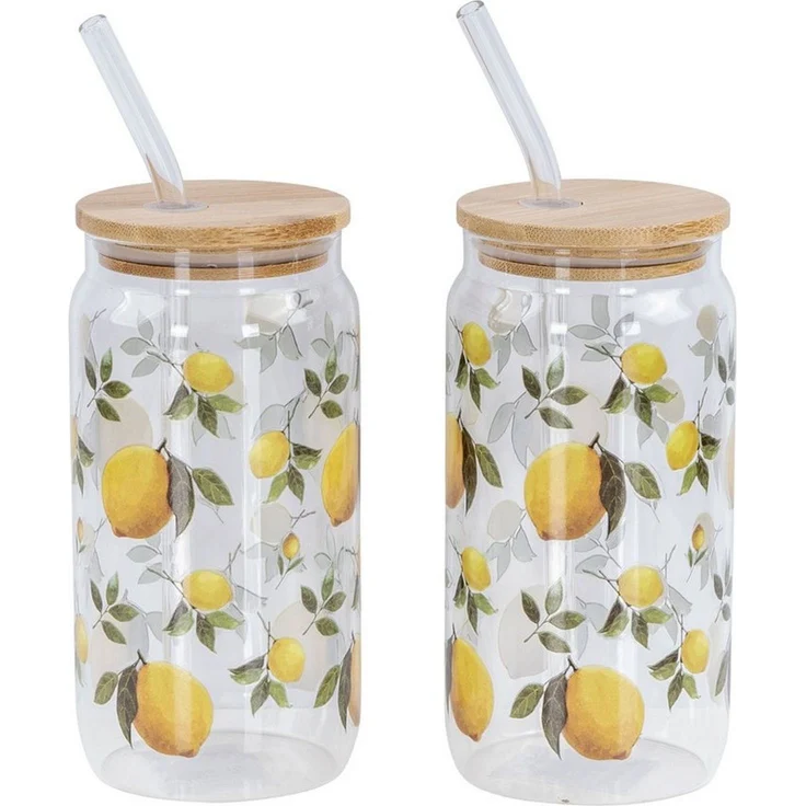 Levandeo® Glas, 2er Set Trinkglas 500ml Zitronen Strohhalm Bambusdeckel Trinkbecher