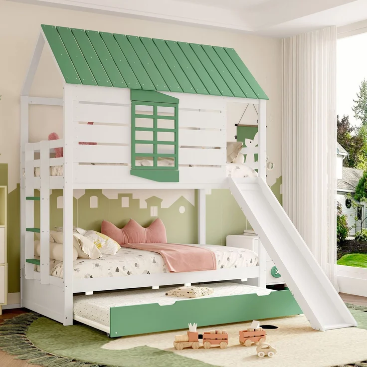 Etagenbett mit 2 Liegeflächen, Gästebett, Lattenrost, Dach, Rausfallschutz, Rutsche, 90x200cm, Kinderbett, Hausbett, Kiefer – Bild 3
