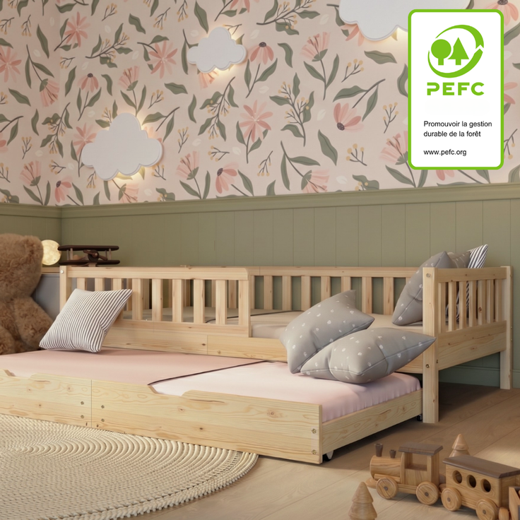 Crazy Pine 'Crazy Basic' Kinderbett mit Rausfallschutz, Skandinavisches Design, Holz, Natur, 100x200 cm, mit Ausziehbett – Bild 3