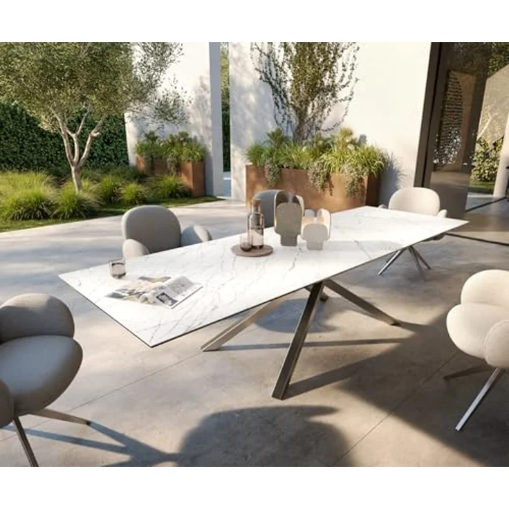 Outdoortisch Edge 300x100 cm Keramik Laminam® Statuarietto Weiß Kreuzgestell Rechteck Edelstahl – Bild 2