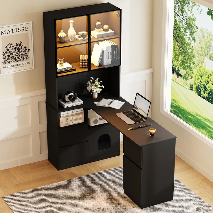 Eckschreibtisch B 120 x T 80 x H 180 cm aus MDF mit Regal, LED-Vitrine und Stauraum – Bild 2