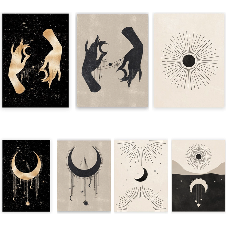 Poster Mond Sterne Gold Schwarz als Deko Print Ohne Rahmen - G / 40x50 cm