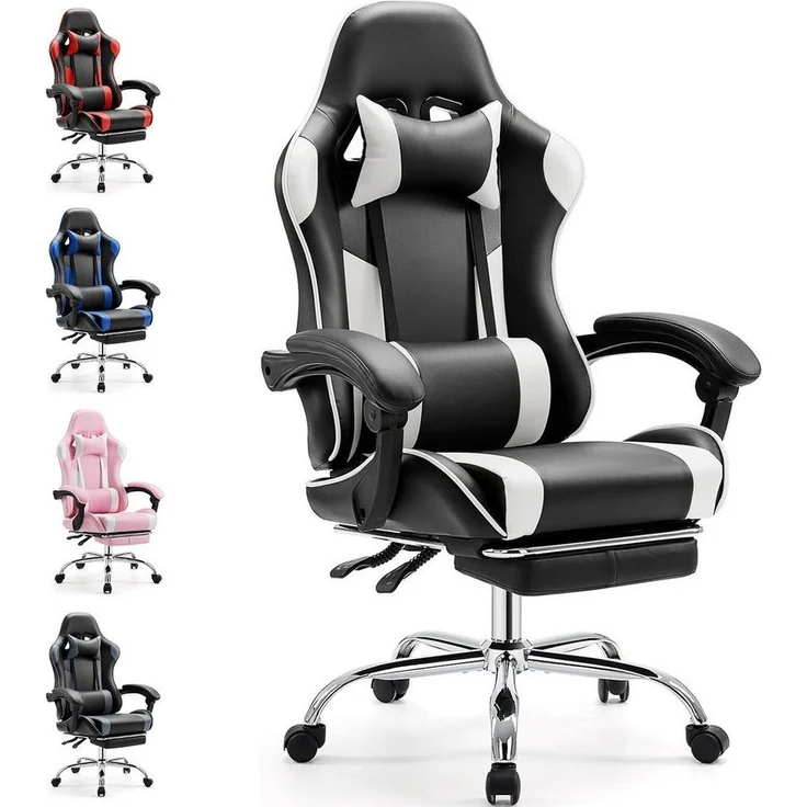 DUMOS Gaming-Stuhl Ergonomischer Bürostuhl mit Fußstütze, PU-Leder E-Sportstuhl, Gepolstert mit verstellbare Lendenkissen, Kopfkissen und Armlehnen – Bild 5
