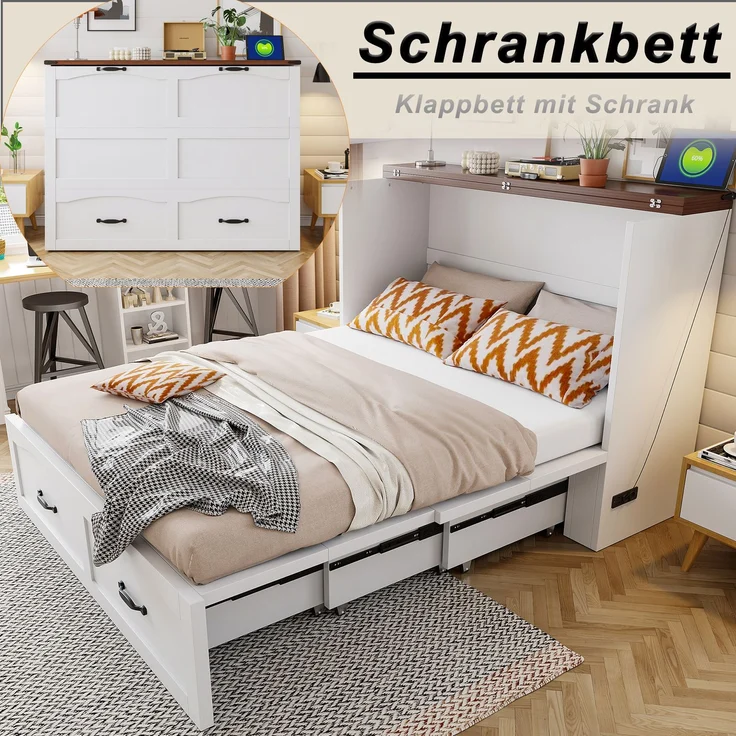 ZUBALIYA Klappbett 140 × 200 cm, Metall und Holz, Ausziehbett, Weiß – Bild 3