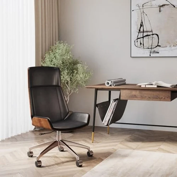 Kare Design Bürostuhl Rouven, Schwarz, Drehstuhl, Polsterstuhl, Stahl Gestell, Holz Rückenlehne, 360 Grad drehbar, höhenverstellbar, rollbar, mit Kippfunktion, 112x59x64 cm (H/B/T) – Bild 2