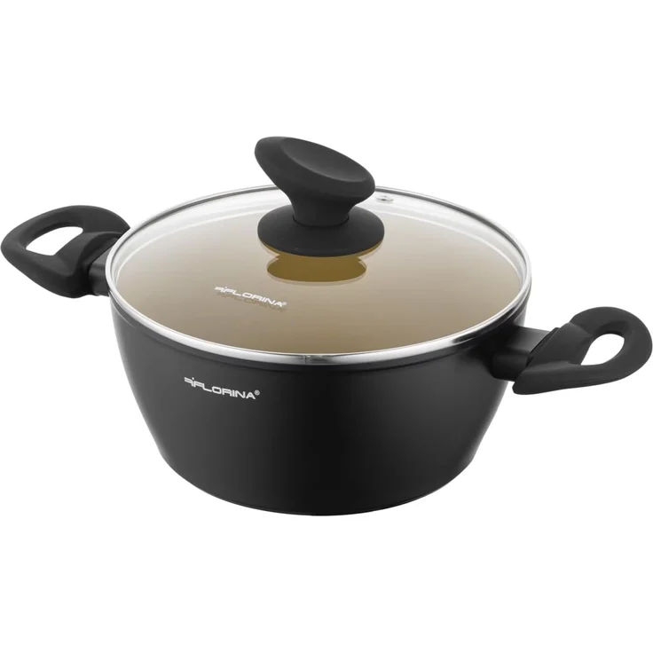 FLORINA AMVEGAN Aluminiumtopf 20 cm I 2,1L I Hohe Haltbarkeit I Glasdeckel I Olivenöl-Keramikbeschichtung I Einfaches Kochen & Spülen I Für alle Herdarten I Originales Design