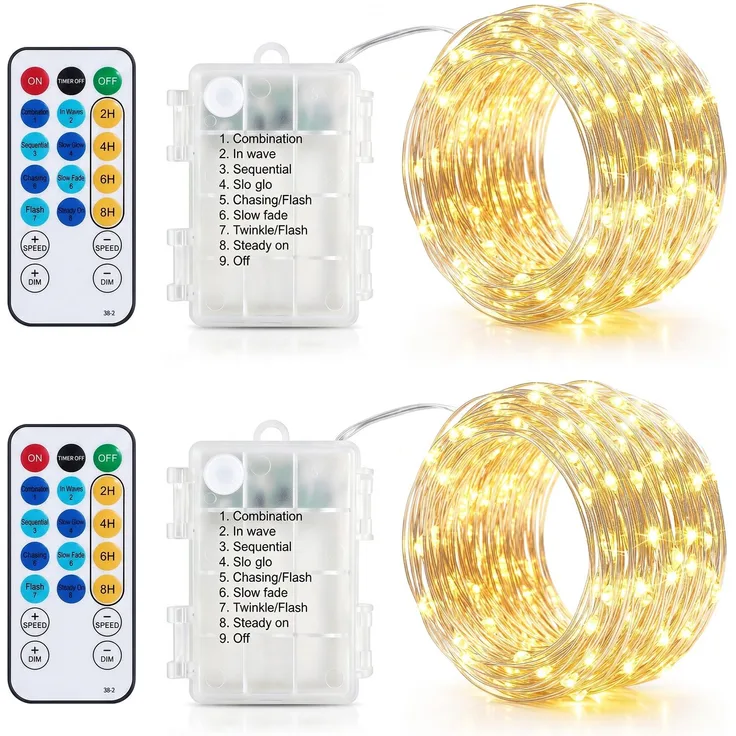 LEDYA Lichterkette Batterie 2 Stück, 10 m 100 LEDs, für Außen & Innen | Mini Lichterkette Wasserdicht mit Fernbedienung, 8 Modi, Timer & Memory, Weihnachtsbeleuchtung für Weihnachten & Hochzeit