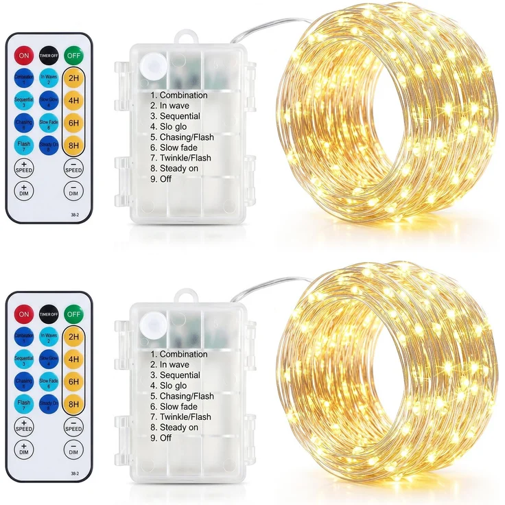 LEDYA Lichterkette Batterie 2 Stück, 10 m 100 LEDs, für Außen & Innen | Mini Lichterkette Wasserdicht mit Fernbedienung, 8 Modi, Timer & Memory, Weihnachtsbeleuchtung für Weihnachten & Hochzeit