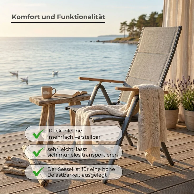 Alu Klappsessel Genua Premium Multipositionssessel Woodlook Armlehne Grau – Bild 4