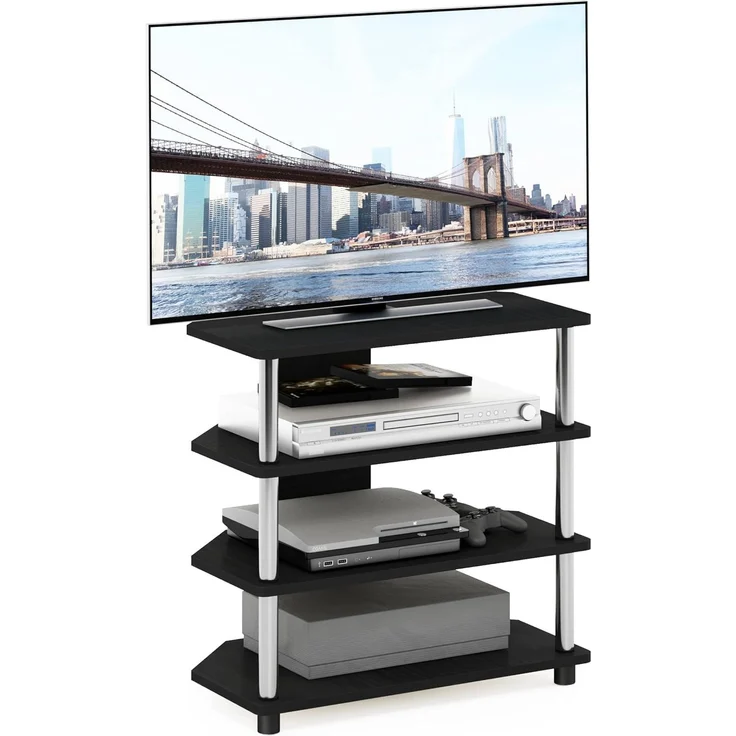 Furinno Econ Easy Assembly 4-Tier Petite TV-Ständer, Americano, Edelstahlrohre