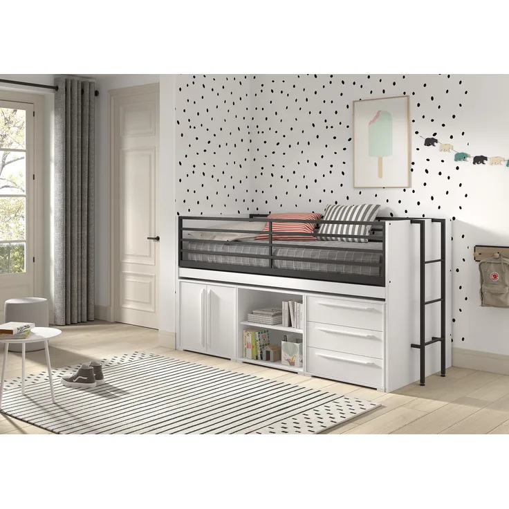 Halbhohes Bett mit Schreibtisch Regal Kommoden Sam 98 x 219 x 116.6 cm