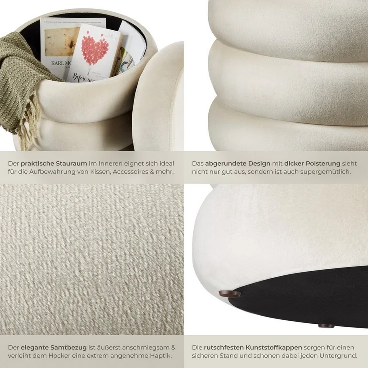 tectake® Hocker mit Stauraum, Scandi Sitzhocker Samt Stoff, Pouf, Polsterhocker rund für Schminktisch, Schlafzimmer, Wohnzimmer Möbel, als Flur Möbel, Stauhocker Wohnen - Samtoptik Creme-weiß – Bild 3