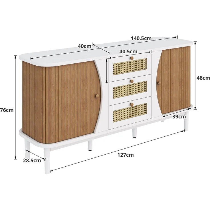 Merax Sideboard, Rattankommode, Kommode mit Schiebetüren, verstellbaren Einlegeböden, gewölbter Platte – Bild 4