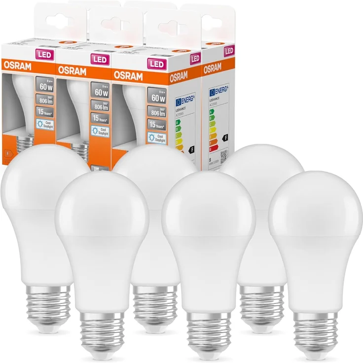 OSRAM LED Lampe mit E27 Sockel, Tageslicht (6500K), klassiche Birnenform, 8.5W, Ersatz für 60W-Glühbirne, matt, LED Retrofit CLASSIC A , 6er-Pack