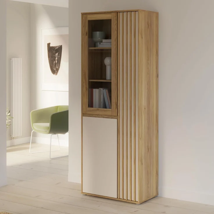 Forte ELISTON Vitrine 70 80, moderner Schrank mit Lamellendesign, 3-türig, Wohn-/Schlafzimmer, Mauvella Eiche Holzdekor|Kashmir Beige, 74 cm breit x 200,1 cm hoch x 41,5 cm tief – Bild 3