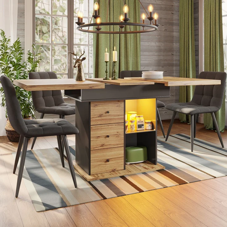 Esstisch Teleskoptisch(110-140×80cm), klappbarer Küchentisch für 4-6 Personen, Ausziehbarer Esstisch ,platzsparender Küchentisch,für Küche und Wohnzimmer,Tisch mit LED-Beleuchtung – Bild 3