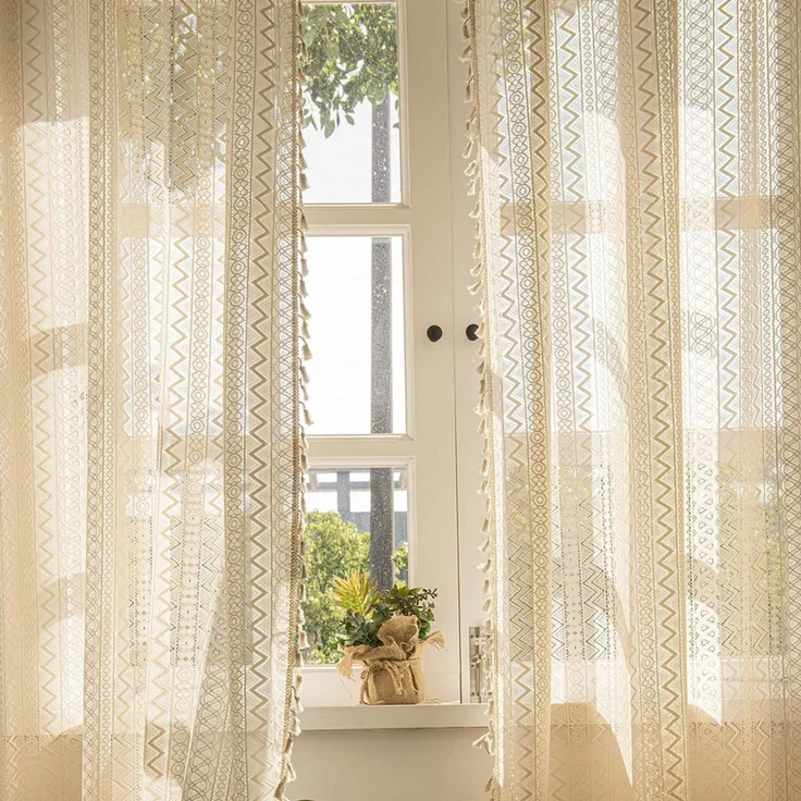 Diwzbyn Gardine Boho-Fransen-Vorhang, Vintage-Häkelspitzen-Gardine, Wellenförmiger Ösenvorhang aus Voile für Wohnzimmer und Schlafzimmer – Bild 4