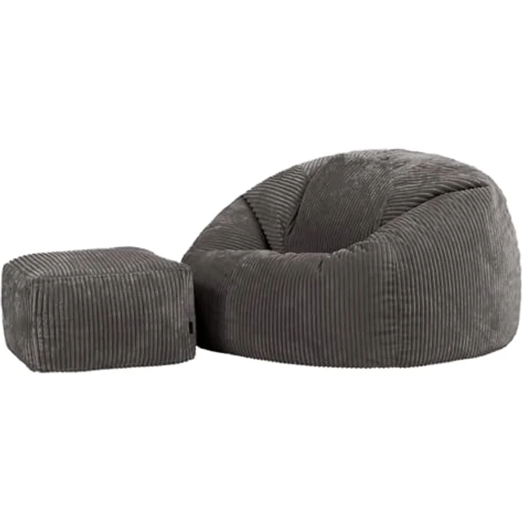 Icon Kingston XXL Sitzsack Cord mit Hocker, Dunkelgrau, Sitzsack Erwachsene mit Füllung, Bean Bag, Cord Sessel, Lounge Sessel, Lounge Stuhl, Schlafzimmer, Wohnzimmer, Wohnzimmer Möbel – Bild 2
