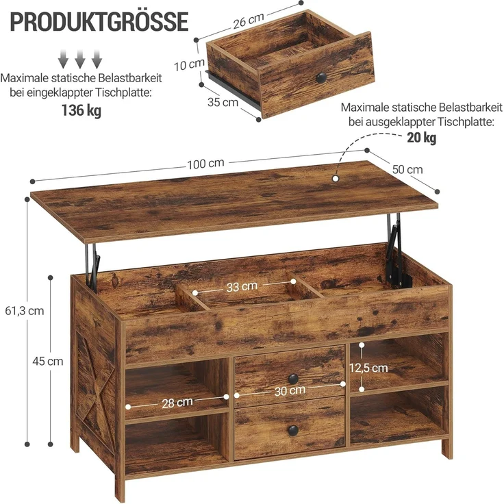 Couchtisch, höhenverstellbarer Wohnzimmertisch, Sofatisch, 2 Schubladen und Versteckter Stauraum, 50 x 100 x 47,3-61,3 cm, für Wohnzimmer, Esszimmer, Büro, Vintage Braun-Schwarz – Bild 8