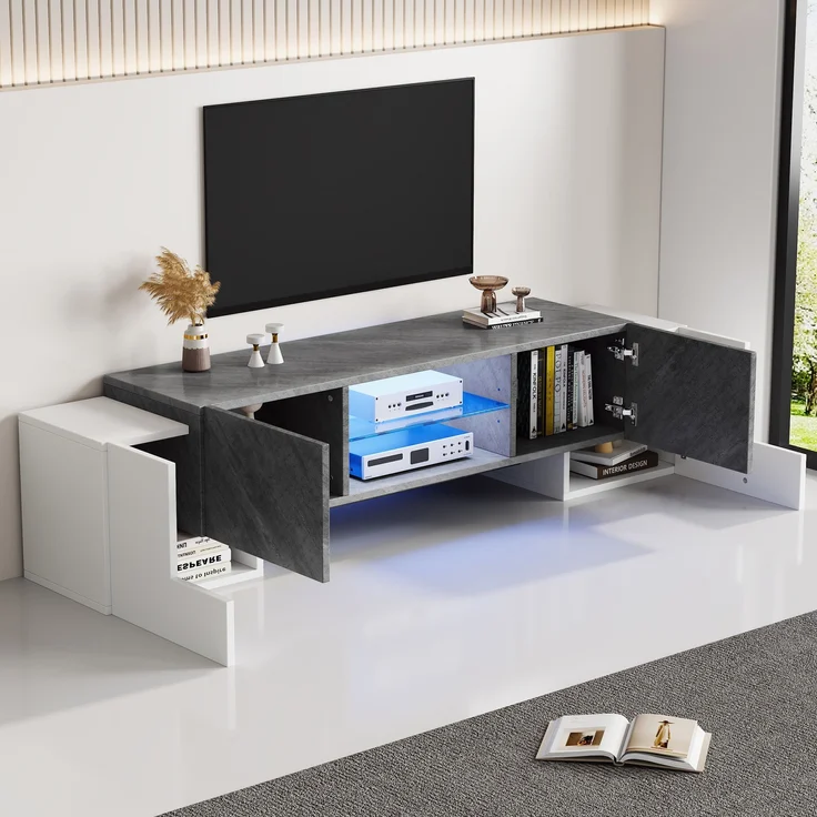 TV-Schrank Lowboard 180x40x46,5 cm mit LED-Beleuchtung & Bluetooth, Weiß/Grau – Bild 2