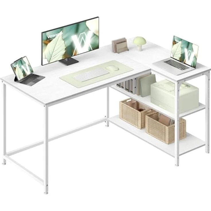 VASAGLE Eckschreibtisch in L-Form, Computertisch mit Stauraum, Bürotisch, höhenverstellbare Ablage, für Homeoffice, 120x80 cm, ahornweiß LWD136WF01 – Bild 2