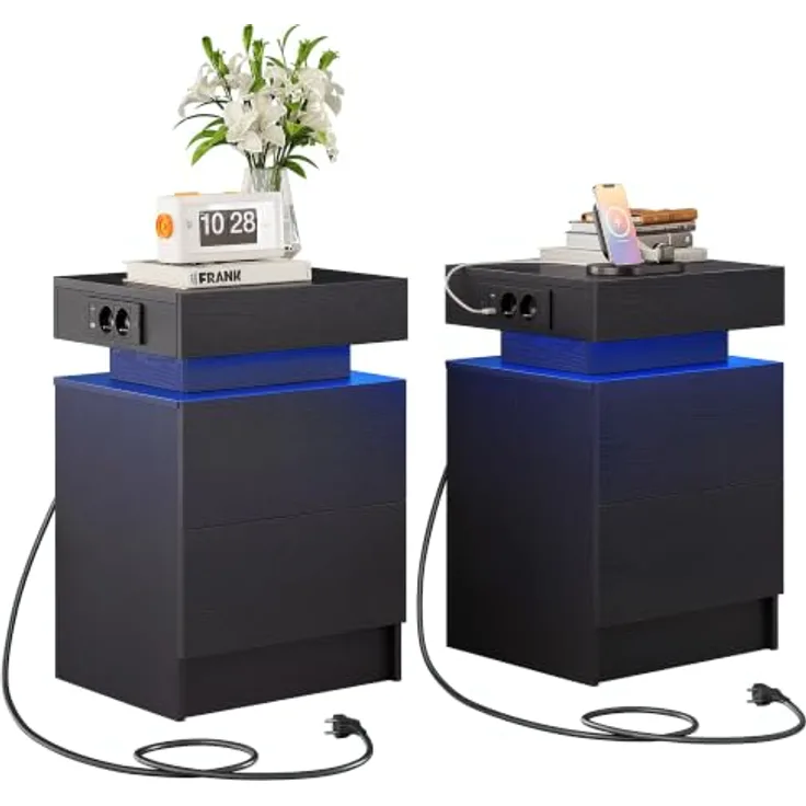 IRONCK Nachttisch 2er Set, Nachtschrank mit Ladefunktion, LED, 40x35x60 cm | Beistelltisch mit 2 Schubladen, schlafzimmer möbel mit Steckdosen, USB & USB-C, für Wohnzimmer, Nachtkommode 2er set Schwarz