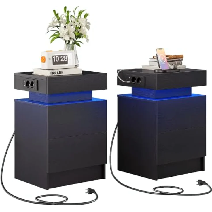IRONCK Nachttisch 2er Set, Nachtschrank mit Ladefunktion, LED, 40x35x60 cm | Beistelltisch mit 2 Schubladen, schlafzimmer möbel mit Steckdosen, USB & USB-C, für Wohnzimmer, Nachtkommode 2er set Schwarz – Bild 1