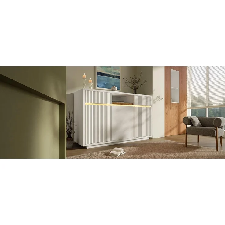 TavilaEcon Sideboard Kommode, Schrank mit LED, 2 Schubladen und 3 Türen weiß 85 × 40 × 140 cm (H × T × B) – Bild 8