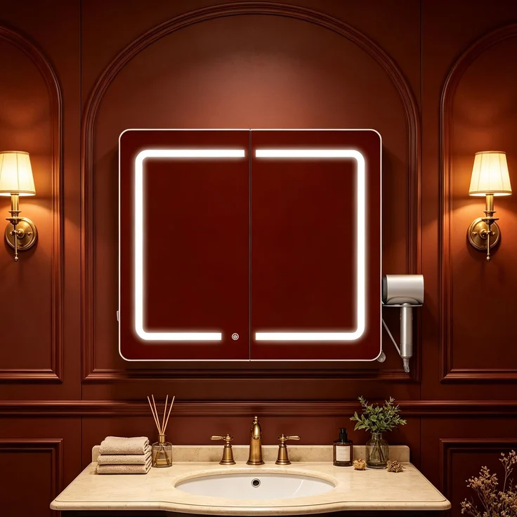 Halupeit Weißer, hochauflösender Spiegelschrank mit dreifarbiger LED-Beleuchtung, verstellbaren Einlegeböden, Föhnhalterung und Haken, 70,5 x 17 x 60,5 cm – Bild 1