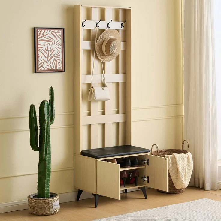 Garderobe mit Sitzbank, B 60 x T 35 x H 179,5 cm, MDF in heller Holzoptik und schwarzen Stahlbeinen – Bild 4