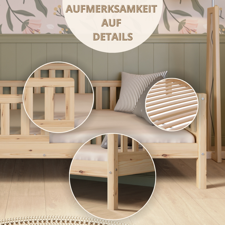 Crazy Pine 'Crazy Basic' Kinderbett mit Rausfallschutz, Skandinavisches Design, Holz, Natur, 120x200 cm, ohne Ausstattung – Bild 8