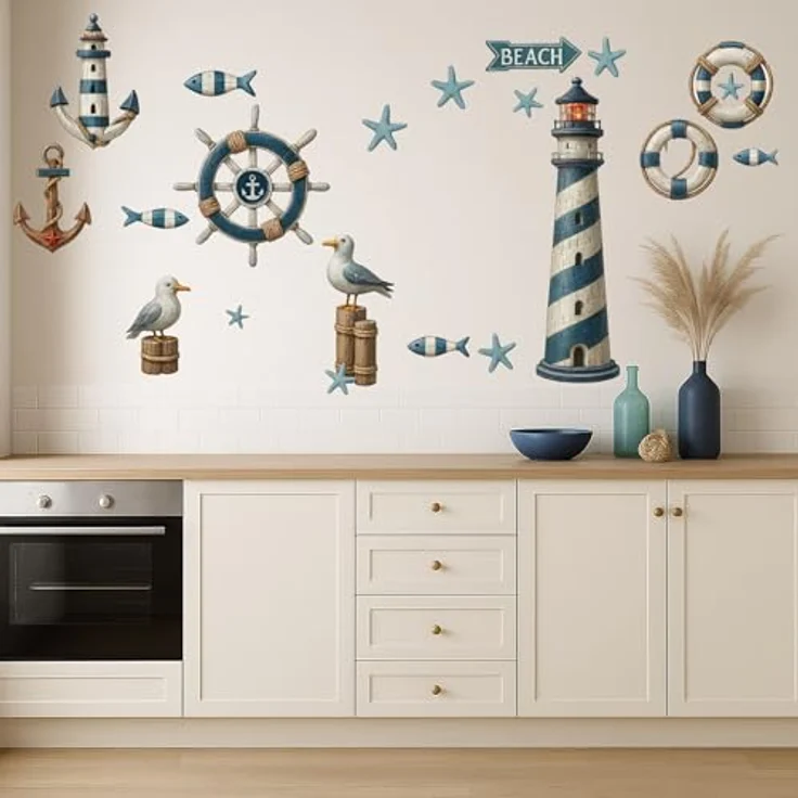 Sunnywall Wandtattoo Aufkleber Maritim Set – Leuchtturm, Möwen, Anker & Seesterne, selbstklebend, konturgeschnitten, rückstandslos entfernbar – Bild 8
