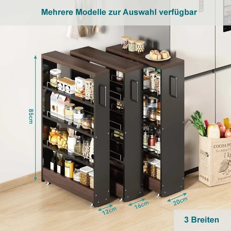 ZUBALIYA Nischenwagen 55 x 16 x 85 cm – 4 verstellbare Fachböden, 4 Lenkrollen, 25 mm Oberplatte, Geländer, MDF, Schwarz, Braun – Bild 6