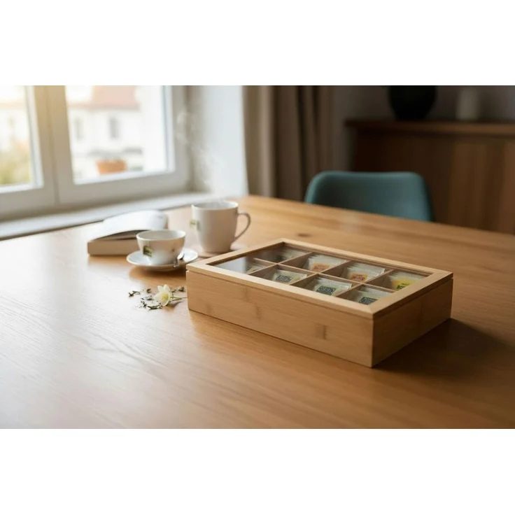 LS-LebenStil Teebox Holz Aufbewahrungsbox Teebox 8 Fächer mit Deckel Teekiste Schmuckkiste, Bambus, (Nachhaltiger Organizer - durchsichtiger Glasdeckel, 1-tlg, Holzkiste Schmuckkiste Schmuckkasten Schmuckkästchen), Aufbewahrung für Teebeutel, Tee, Schmuck – Bild 3