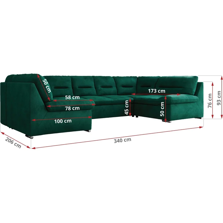 Ecksofa, Sofa big XXL, Wellenfedern, Wohnlandschaft XXL, mit Schlaffunktion - COMODO U - Dunkelgrün Velours - Topper T25 – Bild 7