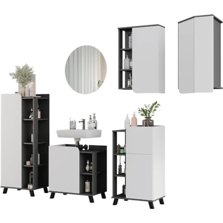 Vichy Badmöbelset Karen, 5-teilig, anthrazit/weiß, inkl. Waschbeckenunterschrank und Badspiegel mit Ablageflächen – Bild 6