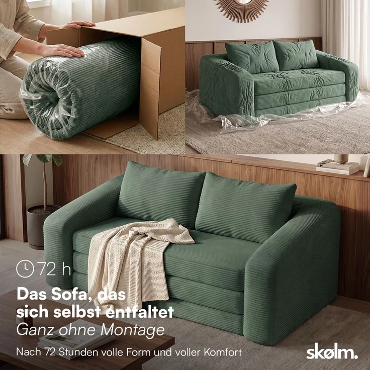 skølm 'Fjäll' Schlafsofa 2 Sitzer mit 2 Kissen, dunkelgrün, Cordsofa ausklappbar, mit Liegefunktion, vakuumverpackt ohne Aufbau – Bild 3