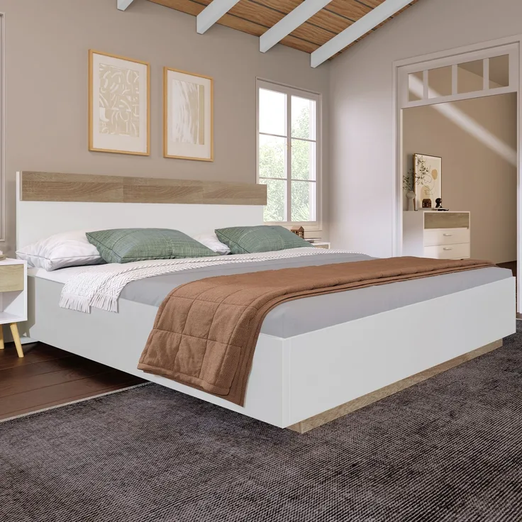 Schwebebett 140x200 cm, Doppelbett in Eiche & Weiß mit Wildeiche Kopfteil,komfortable Liegehöhe