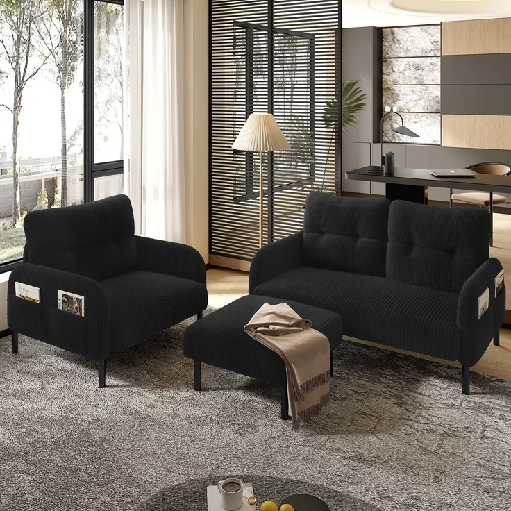 Fußhocker aus Cordstoff, moderner Polsterhocker mit stabiler Metallstruktur, weiche Polsterung & ergonomische Sitzhöhe,Schwarz – Bild 1