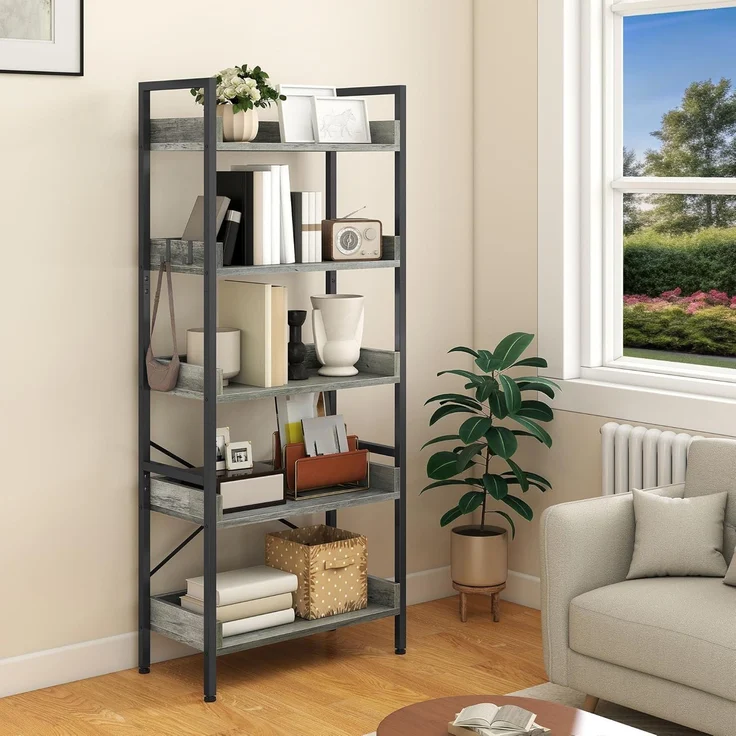 YITAHOME 5-stöckiges schmales, hohes Bücherregal, offenes Bücherregal mit 4 Haken, industrielles Lagerregal für Wohnzimmer, Home Office, graues freistehendes Regal – Bild 1
