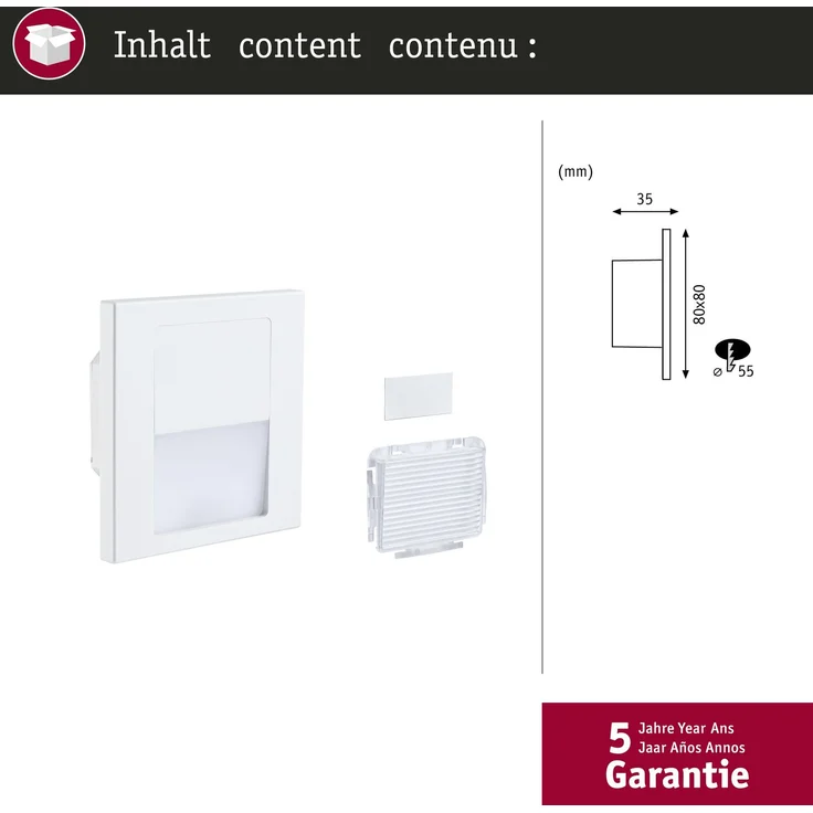 LED Wandeinbauleuchte Tsaro eckig 80x80mm 1W 80lm 230V 2700K Weiß matt – Bild 6
