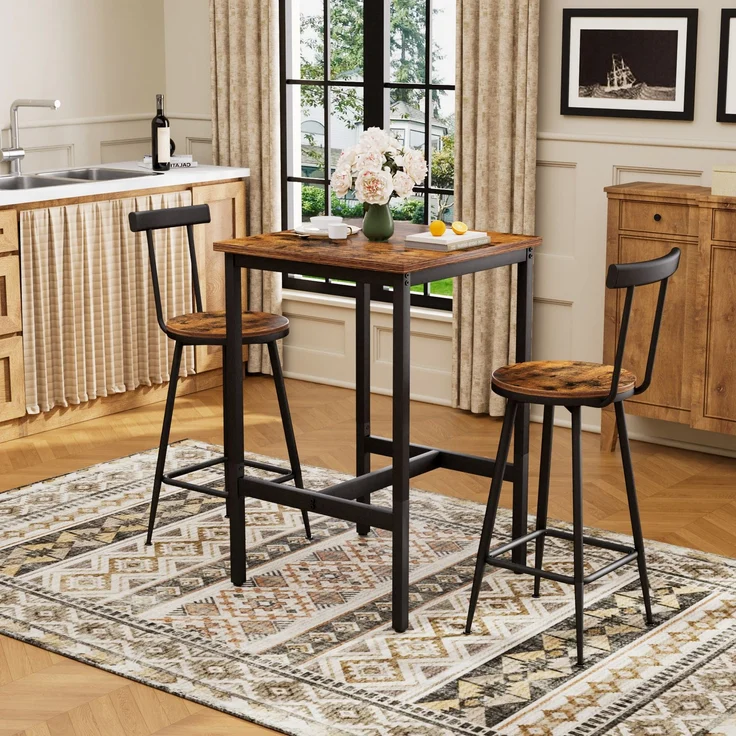 Bartisch-Set 60x60x92 cm mit 2 Hockern, industrial, rustikale Brauntöne, Stahlgestell und pflegeleichte Spanplatte – Bild 2