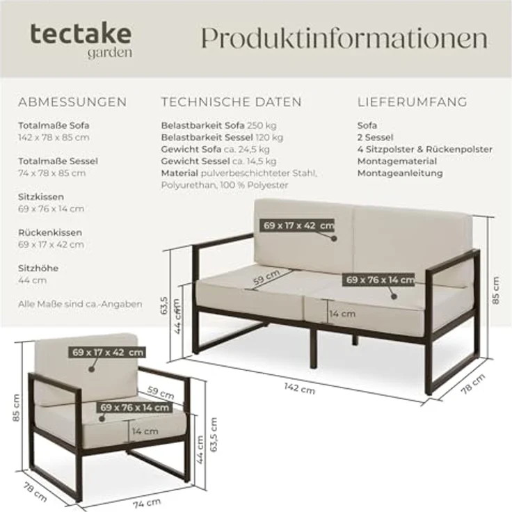 tectake Essgruppe Garten-Loungeset, (Set, 3-tlg), Pulverbeschichtete Stahlgestelle für maximale Stabilität – Bild 4