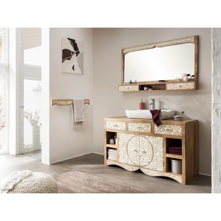 Waschtisch 130 cm Massivholz Mango braun Woodkings Delhi Waschbeckenunterschrank Bad-Unterschrank Doppelwaschtisch 130x75x50 cm Boho Landhausstil – Bild 2