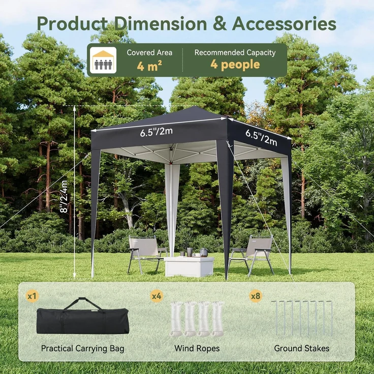 Aoxun Pop Up Pavillon 2x2m Wasserdicht, Metallrahmen-Schutzzelt, Höhe Verstellbar, Faltpavillon 2x2 mit Tragetasche für Camping Party, Grau – Bild 2