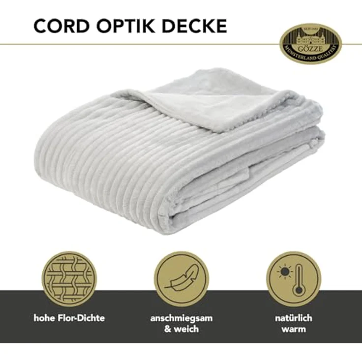 Gözze Wohndecke, kuschelweich, 1620g/Stück, Cord Optik, Polyester, Silber, 150x200 cm – Bild 3