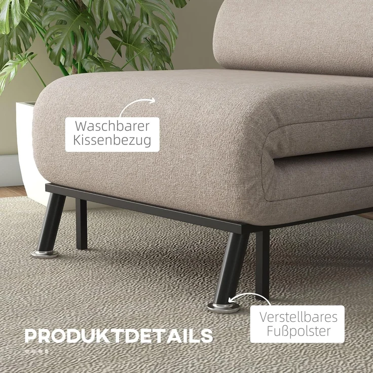 HOMCOM Sessel mit Bettfunktion, Rückenkissen (Klappbett mit Bettfunktion, 1-St, Schlafsessel), für Schlafzimmer, Beige, 75cm x 70cm x 75cm – Bild 7