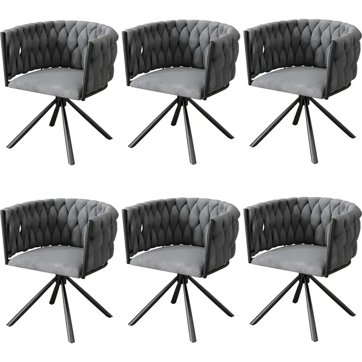 Merax Samt-Esszimmerstuhl, 6er set, Schlafzimmer-Drehstuhl, Freizeit-Drehstuhl mit vier Stützbeinen aus Metall, grau