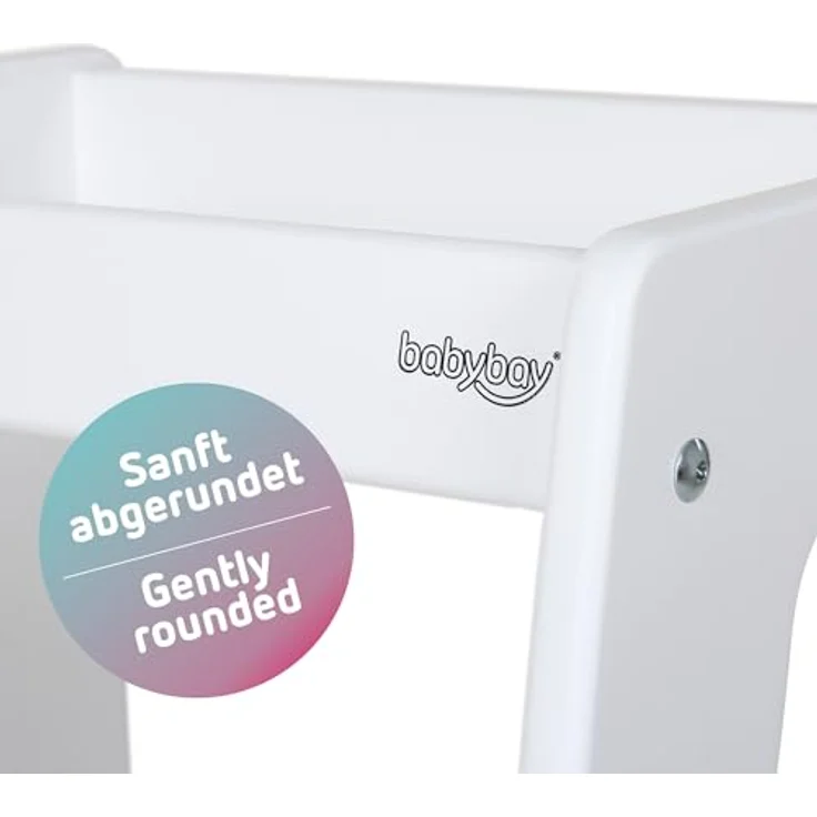 babybay Lernturm Littlefoot, maximale Kippsicherheit durch massives Buchenholz, Förderung der Motorik, dreifach höhenverstellbar, ergonomischer Einstieg, Aussparung für Küchengriffe, weiß lackiert – Bild 9